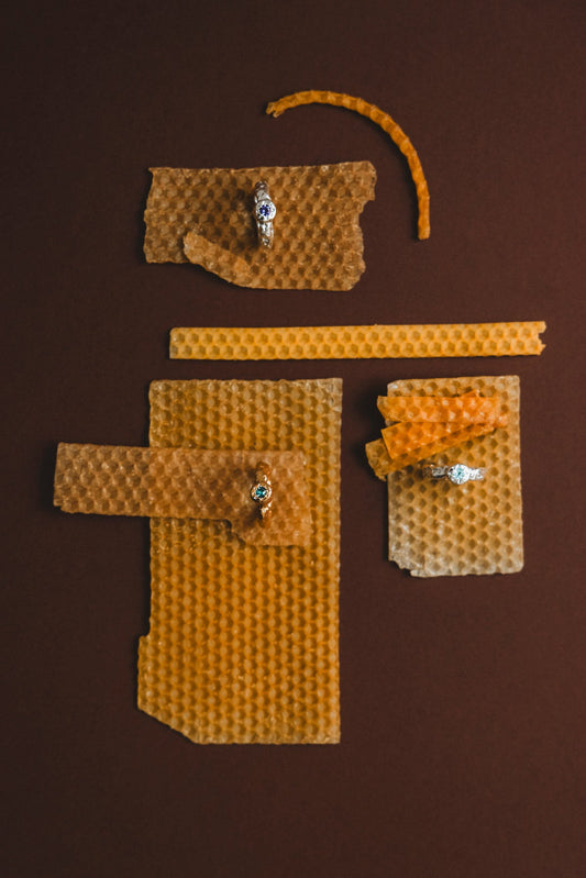 Handmade Bocavolcan rings on sheets of beeswax