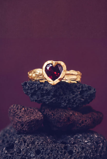 Cora In Gold, yellow gold version with garnet heart, by Bocavolcan